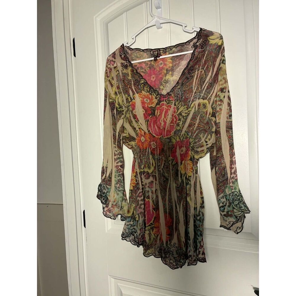 Fairy Boho Ladies Semi-Sheer Top long Bell sleeves Medium